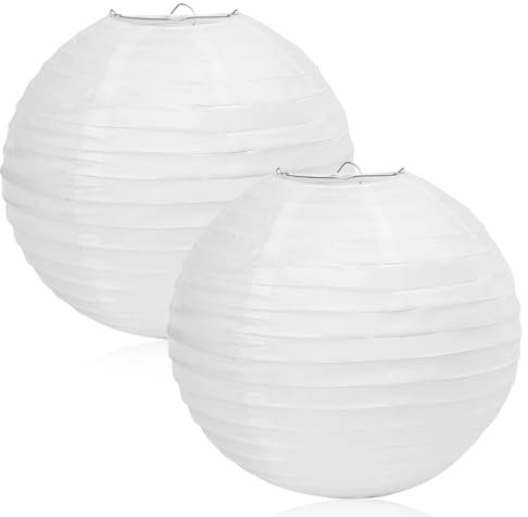 2 Pcs White Paper Lanterns, Paper Lampshades for Ceiling Lights, 12 inch Ribbed Style Lampshade for Home Party Decorations (2 White Lanterns)
