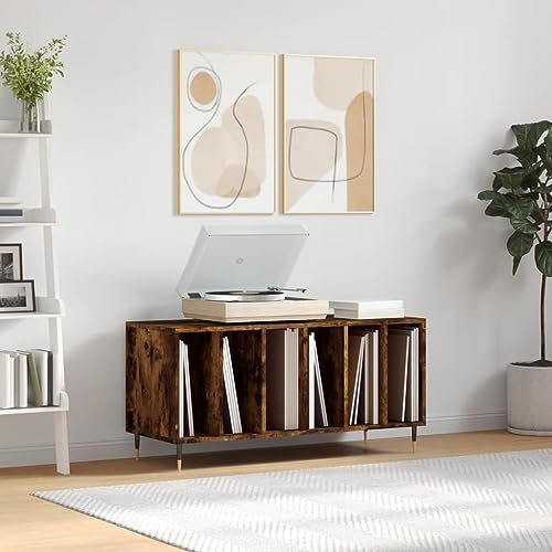Gecheer Rök ek-skivhållare 100 x 38 x 48 cm trä i flera lager, vinylbehållare, CD-dörr, multifunktionell skåp, vardagsrumsmöbler, bokhylla, förvaringsskåp, P831745
