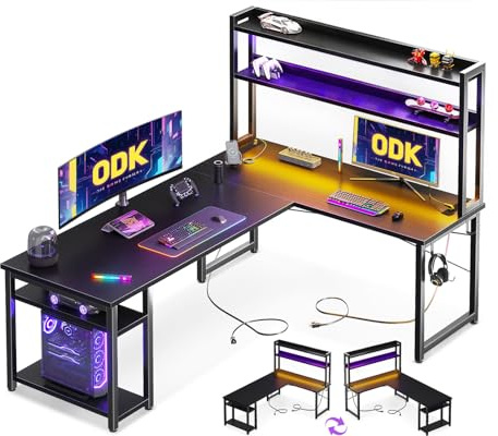 ODK 168×120 cm L Shaped Gaming Desk with LED Lights & Double Power Outlets, Reversible Corner Computer desk with Shelves for Home Office, Black