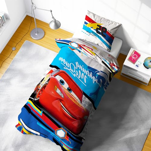 Disney Offizielles Cars Wende-Bettwäsche-Set für Einzelbett, Bettbezug 135 x 200 cm, Kissenbezug 49 x 74 cm, mit Lightning McQueen für Autofans, pflegeleicht, maschinenwaschbar