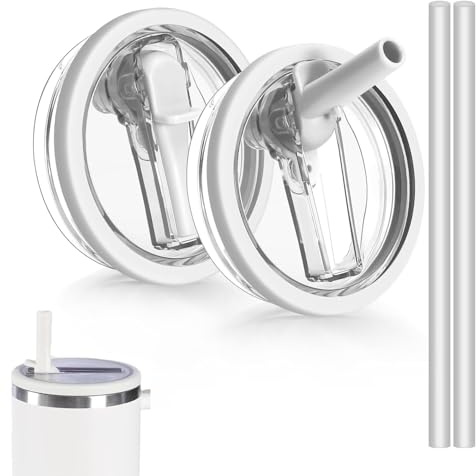 zoerbufan 2 Pack Leakproof Lids for Stanley Cup, 40 oz Tumbler Flip Straw Lid Replacement Fit, Tumbler Detachable Flip Straw Lid with 2 Straws (White)