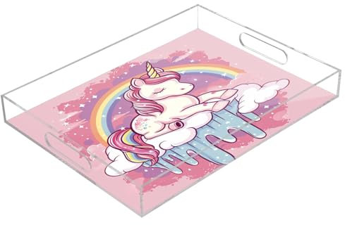 Beautiful Unicorn Acrylic Serving Trays, Clear Rectangular Tray with Handles Serving Platter for Coffee Table Kitchen Bathroom