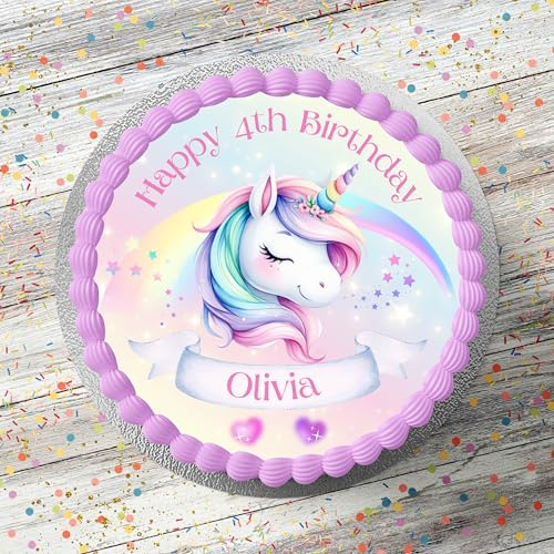 Unicorn Magical Themed Personalised Cake Topper 7.5 Inch Round | PRECUT, Edible Icing Sheet, Birthday Cake Decoration