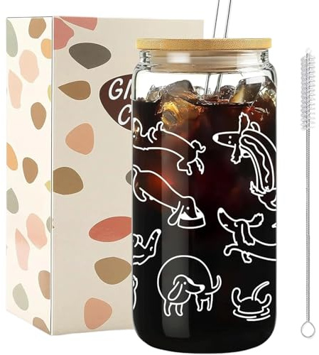Cumnvulnt Funny Dachshund Glass Cups with Lids and Straws, 16oz Dachshund Iced Coffee Cup, Dachshunds Gifts for Women Men, Multifunctional Glass Tumbler for Cocktail, Coke, Soda