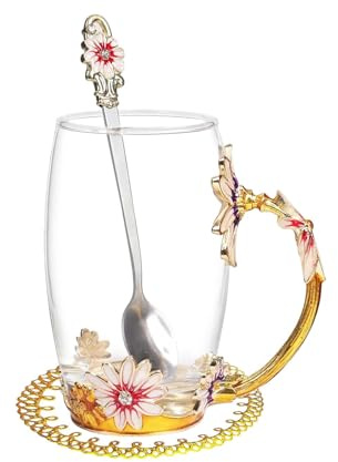 Hiqiku Enamel Flower Glass Cup as Tea Cups and Coffee Mug - Glass Tea Cup and Saucer Set with Spoon as Birthday Gifts for Women - Coffee Mugs as Gifts for Her (350ml)