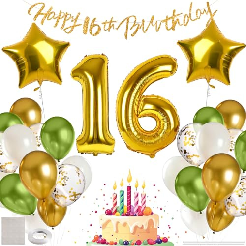 MIEWAA Deco Ballons Anniversaire 16 ans Garcon, Decoration Anniversaire 16 ans Fille Kit avec Bannière HAPPY BIRTHDAY, Chiffre 16 Géant et Étoile Ballon Foile, Ballons Latex et Confetti Or-Vert-Blanc