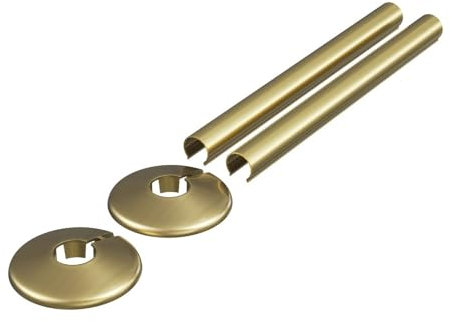 200mm Brushed Brass Retro Fit Snap On Plastic/Alloy Radiator Sleeve Cover & Collar Sets Pair for 15mm Pipe