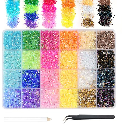 24000 Stück Strasssteine Nägel, 24 Farben Glitzersteine zum Basteln 3mm | Runde Glitzer Edelsteine Rhinestones mit Pinzette und Wachsstift für DIY Nägel Handwerk