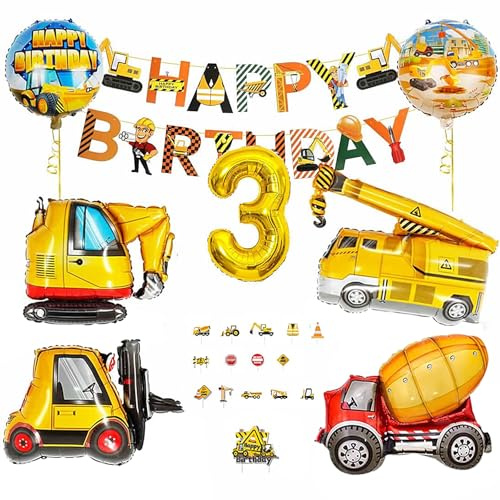 Bagger Deko Kindergeburtstag 3 Jahre Junge, Baustellen Deko, Bagger Folienballon, Happy Birthday Banner, Ballon 3 Geburtstag, Baufahrzeug Spielzeug, Thema Party Dekorationen Set