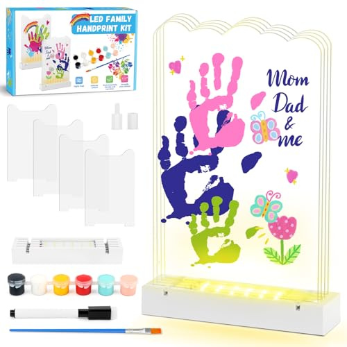 Herefun Kit Impronta Mani e Piedi Neonati per 4 Persone, Kit Impronte Mani Famiglia Con Base LED Illuminata, Neonati Ideale Regalo per Nascita, Nuovi Genitori, Battesimo Bimbo (A)