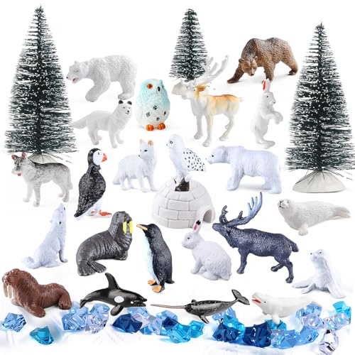 kukifun 56Pcs Arctic Animal Toy, Mini Figures Polar Bear, Penguin, Caribou, Snowy Owl, Pine Trees, Ice Igloo Rocks for Kids School Project Diorama Sensory Cake Decorations Party Gift