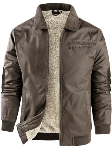 Mr.Stream Herren-Jacke aus gewachstem Baumwoll-Leinen, wasserabweisend, Sherpa-Futter, Fleece-Jacke mit Reißverschluss vorne, Braun, XXL