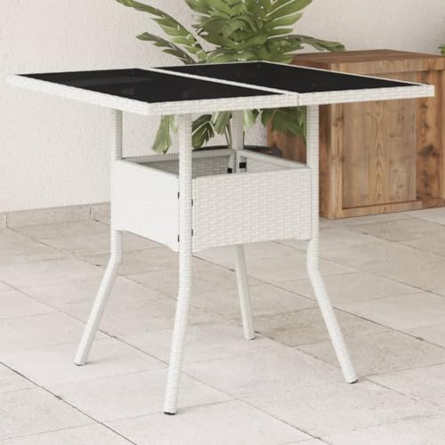 HaoChrymec Gartentisch Weiß mit Hartglasplatte, PE-Rattan, Robuster Stahlrahmen, Wetterfest, Beistelltisch Garten, Balkon Tisch, Loungetisch Outdoor, 80 x 80 x 75 cm
