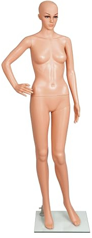 Schaufensterpuppe Schaufensterfigur weiblich Dame hautfarben, 176cm | Mannequin Damenfigur Kunststoff mit Kopf ausdrucksstarkes Gesicht, inkl. Glasstandplatte, Konfektionsgröße 34/36