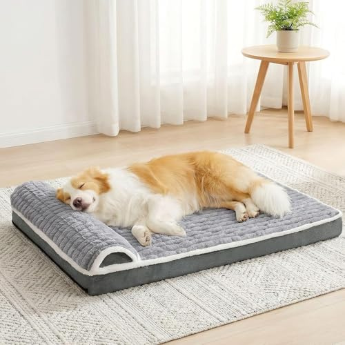 Jolibean Orthopedic Dog Bed Large Sized Dog with Pillow 91X61cm, Waterproof Soft Comfortable Egg Crate Foam Pet Crate Beds Mat with Removable Washable Cover and Non-Slip Bottom, Grey