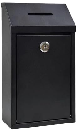 PRITOK Wall Mounted Lockable Mailbox: Weatherproof Metal Donation Box, Secure Suggestion Box with Lock, Outdoor Weatherproof Post Box, for Home Office Outdoor Use (143×70×260mm Black)