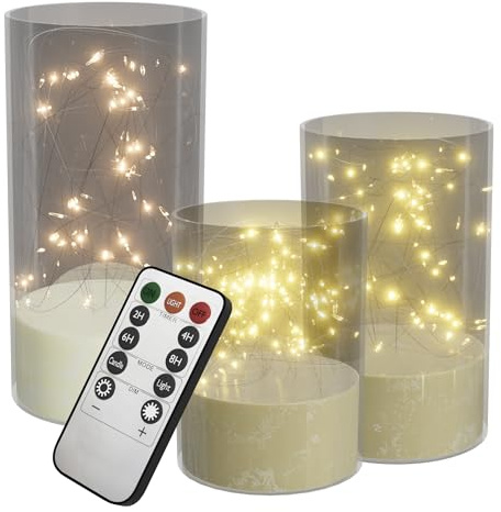FIVMEN 3 Stück LED Kerzen mit Lichterkette Stumpenkerze Weihnachtskerzen mit Timerfunktion und Fernbedienung Flammenlose Batteriebetriebene Wachskerzen weihnachtsdeko Flackernde Warmweiß, Transparent