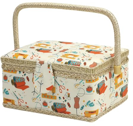 Vintage-Nähkorb-Organizer – Aufbewahrung Mit Großem Fassungsvermögen Und Griff | Abnehmbarer Tablett-Bastelhalter Mit Mehreren Fächern Für Fadennadeln, Quilten, Häkeln, Bedrucktes Design Für Anfänger,