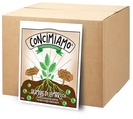Humus di Lombrico in Scatola da 5,5 kg (7 L) | EcoBox Concimiamo® | Busta Interna Sigillata | Pulito e Ordinato | Orto, Vasi, Giardino | Ideale per 12 rinvasi o 50 m² di giardino