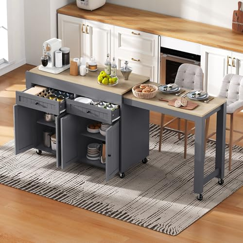 Zenith Living Mobile Kücheninsel auf Rollen mit ausziehbarer Arbeitsplatte (112–180 cm), Küchenwagen mit Stauraum & Schubladen, freistehend für Küche & Essbereich (Natur & Grau)