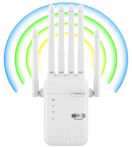 Repeteur WiFi Puissant, Amplificateur WiFi, Portée Jusqu‘à 1200 m² pour 50 Appareils, Répeteur WiFi avec 6 Antennes, 2 Ports Ethernet, Compatible avec Tous Les Routeurs, pour Maison et Bureau