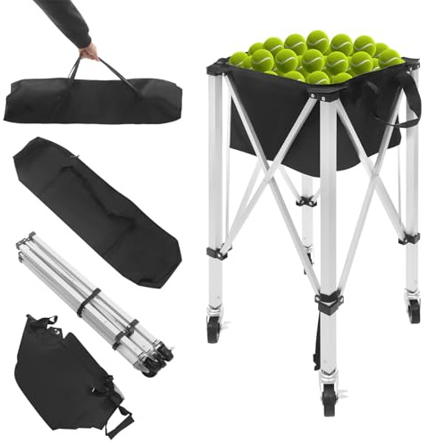 yikmid Panier de collection de balles de tennis avec 4 roulettes (2 freinables), capacité de 150 à 170 balles, Oxford 600D et aluminium, chariot de balle pour entraînement, tournoi, club, école