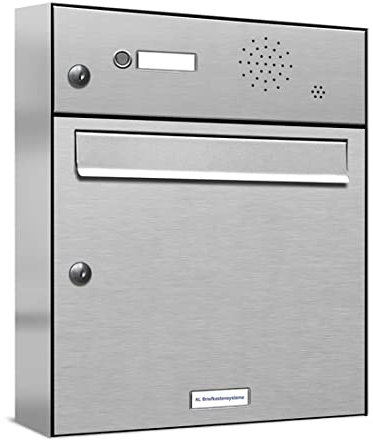 AL Briefkastensysteme 1er Briefkastenanlage Edelstahl mit Klingel, Premium Briefkasten DIN A4, 1 Fach Postkasten modern Aufputz