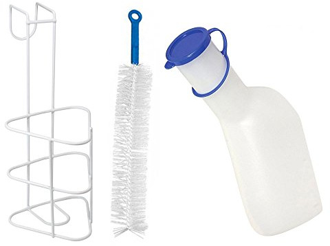 Urinflaschen Set groß, 1xUrinflasche Männer 1L mit Deckel,1x Flaschenbürste 37 cm, 1x Urinflaschen-Halter