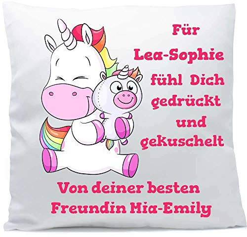 SL-Store GbR Kissen mit Namen Geburt Einhorn Puppe Fühl Dich gedrückt 40x40 cm inkl. Füllung Kuschelkissen, Kissen Farbe:Vorderseite + RS weiß strukturierte Oberfläche