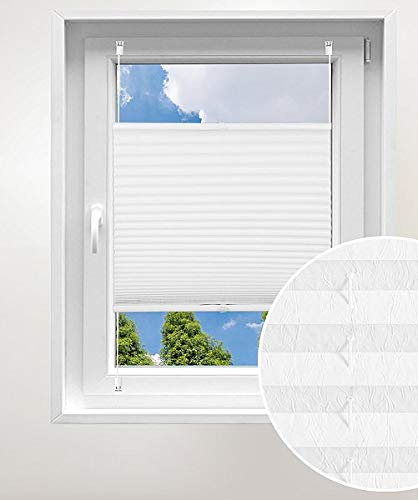 Laneetal Plissee ohne Bohren Klemmfix, Jalousie Faltrollo Crushed Optik, Weiß 60 x 220 cm, mit Spannschue für Fenster und Tür, Easyfix klemmträger und verspannt, Sonnen-, Sicht- & Schallschutz