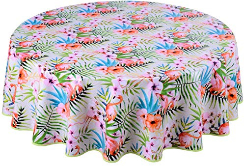 Home Direct Wachstuch Tischdecke Abwaschbar Rund 160cm Grün Rosa Weiß Flamingo
