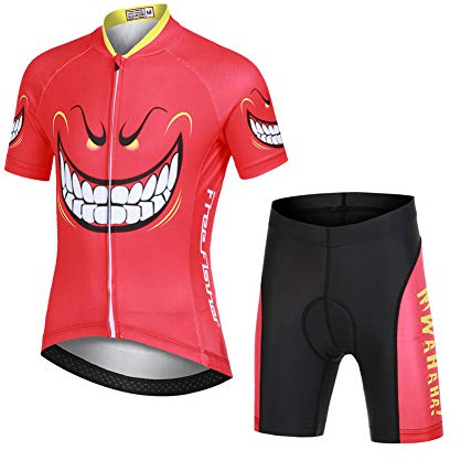 LSHEL Kinder Jungen Radtrikot Set, Mädchen Radbekleidung Anzüge, Quick Dry Radsportanzug, Fahrradtrikot Kurzarm und 3D Sitzpolster Radhose, Teufel lachen, 134/140(Herstellergröße: XL)