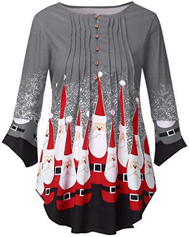 Lazzboy Frauen Plus Size Damenmode Crinkle Chest Weihnachten Print Flare Cuff Bluse Weihnachtsbluse Für Lady Tops Regular Solid Langarm Rot Weihnachtsmann(Grau,XL)