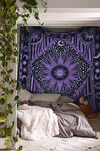 Popular Handicrafts Wandteppich, Hippie, brennende Sonne und Mond, Meditation, Boho, Hippie, psychedelisches Design, indische Wandteppiche, Tagesdecke, 140 x 150 cm, mehrfarbig