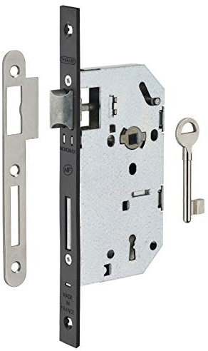 THIRARD - Serrure Encastrable Monomax NF à Clé pour Porte de Chambre - Axe 50 mm - Coffre Acier Embouti - Têtière Noire Bouts Carrés - Mécanisme à 2 Tours - 1 Clé