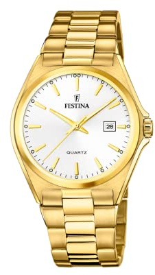 Festina Herrenuhr Analog aus Edelstahl 316l Goldfarben | Quarzwerk, Kalender, Widerstandsfähiges Mineralglas, Wasserdicht 5 ATM F20555/2