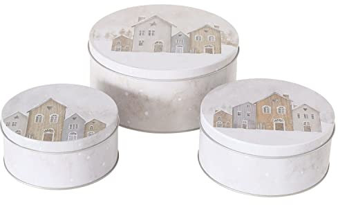 BOLTZE 3tlg Set Gebäckdosen Houses I Ø 13,5cm, 16cm & 20cm I Winterlandschaft mit Schneeflocken I runde Plätzchen-Dose, Vorratsdose, Metall-Box, Geschenkdosen I Weihnachts-Bäckerei, Advents-Kekse