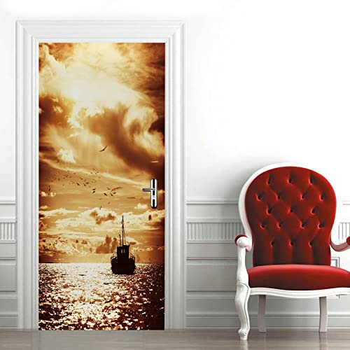 A.Monamour Türtapete Selbstklebend Türfolie Türposter 3D Fischerboot In Einem Meer Bei Sonnenuntergang Vinyl Folie Türdeko Tapete Wandbild Türaufkleber Türtattoo 95x215cm