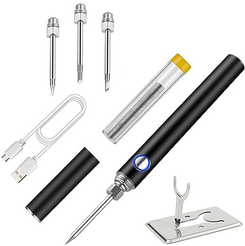 Fer à Souder sans Fil avec Couvercle, 5V Soldering Iron Rechargeable USB Portable avec 3 Pointes de Soudure, Fer a Souder Etain Support et Couvercle, Brûleur à Température