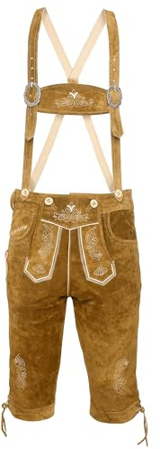 Bavarian Knee-Length Lederhosen for Men - Designed in Germany - Genuine Leather Pants with H-Style Suspenders, Color: Light Brown, US Size: 32