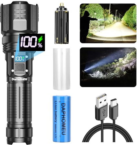 daphomeu Taschenlampe LED Aufladbar, 500000 Lumen Extrem Hell Taschenlampe Batteriebetrieben, Taktische Taschenlampe Zoombare Wasserdicht, mit 5 Lichtmodi für Camping Wandern Notfälle (Einzelpack)