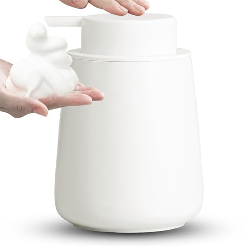AZMOYAC Foaming Soap Dispenser - 12 Oz Ceramic Foam Hand Soap Dispenser for Bathroom, Face Wash Dispenser Bottle with Foaming Pump, Refillable Lotion Dish Soap Foam Dispenser for Kitchen, Matte White