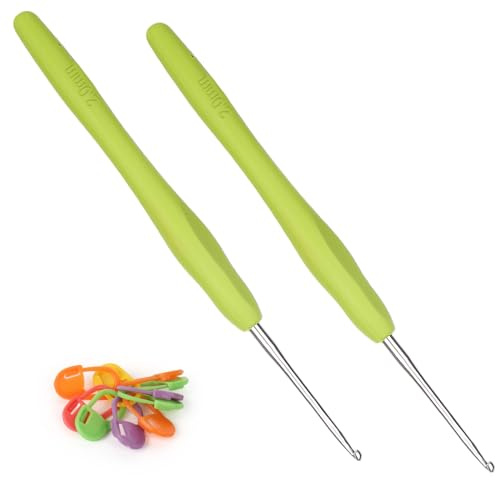 Coopay Häkelnadeln 2,0 mm, 2 Stück Metall Häkelnadel, Ergonomische Häkelnadel mit Weichen Griff für Arthritische Hände, TPR Griff Häkelnadeln für Anfänger & Profis, Bequemes Häkelnadel 2 mm