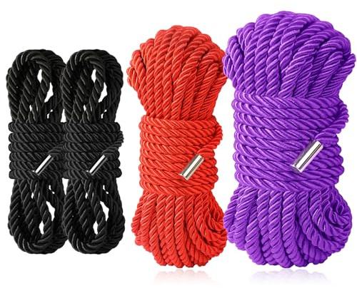 BAVIHOR Silk Soft Rope Durable, 32 Feet 8 mm Multipurpose Long Satin Braided Twisted Rope (2x8ft Black+16ft red+32ft Purple)