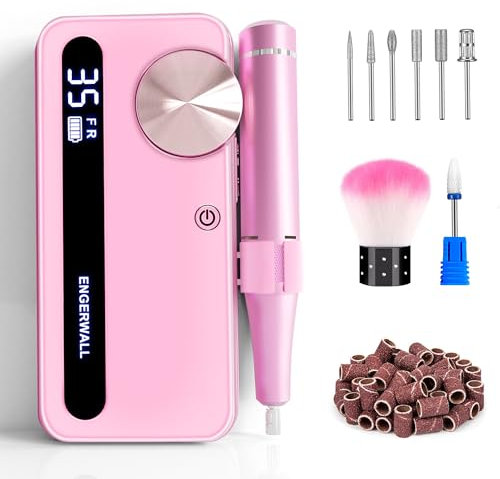 ENGERWALL Ponceuse pour Ongles Portable Professionnelle 35000 RPM, Lime à Ongles Electrique Rechargeable pour Enlever et Polir le Gel Acrylique Ongles, Perceuse à Ongles avec Kit de Salon, Rose