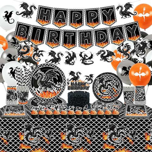 Piatti per la festa del Drago, Tra cui striscione per feste di buon compleanno, piatti da cena, piatti da dessert, tazze, tovaglioli, tovaglie, palloncini, cannucce, per Drago Feste a Tema