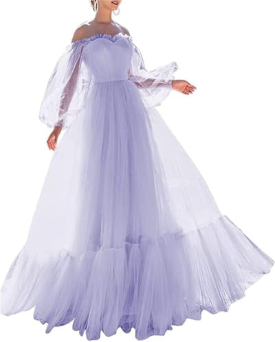 Increspature Off Spalla Principessa Prom Quinceanera Vestito Puffy Sleeve Tulle Sera Partito Abito da Damigella D'Onore WSX477, Lilla, 34