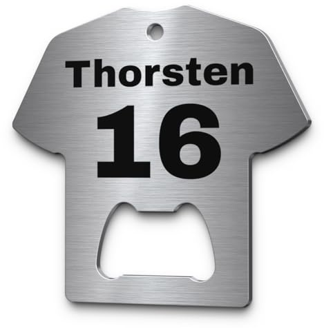 Personalisierter Trikot Flaschenöffner Anhänger aus Edelstahl - besonderes Papa Geschenk zum Vatertag Geburtstag - Geschenkidee für Männer & Fußball Fans -Flaschenöffner mit Gravur