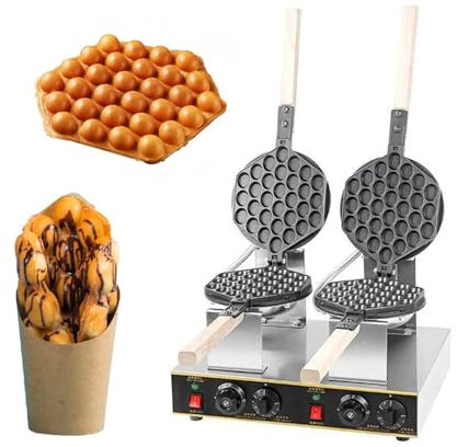 DFANCE Gofrera de Burbujas con Soltero/Doble Cabezal Bubble Waffle Comercial Antiadherente Máquina de Gofre Estilo de Hong Kong 50-250℃,Sarten Gofres Girario 180 Grado (Size:Cabeza Doble)