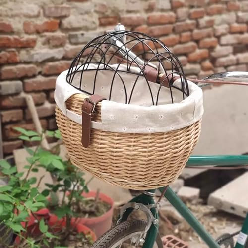 SBCWH Fahrrad Haustierkorb, geflochtener Katzenkorb, Weiden Fahrradkörbe mit Metallabdeckung, Abnehmbarer Fahrrad Hundeträger, vorderer Haustier-Sicherheitskorb(Color:Natural)